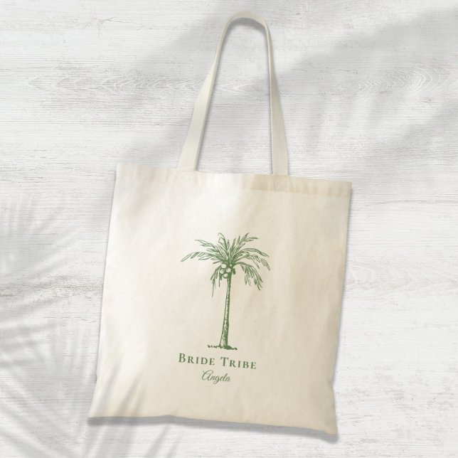 Bolsa Tote Árvore Tropical de Palmeiras Tropicais Verde da No (Bride Tribe Sage Green Tropical Palm Tree Custom Tote Bag)
