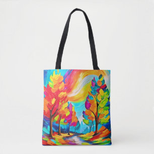 Bolsa Tote Árvores Arco-íris: Floresta Vibrante
