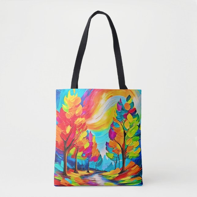 Bolsa Tote Árvores Arco-íris: Floresta Vibrante (Frente)