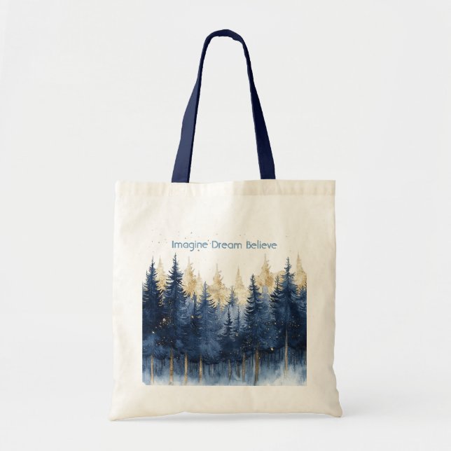Bolsa Tote Árvores Azuis Douradas Imagine Sonho Acredite   (Frente)