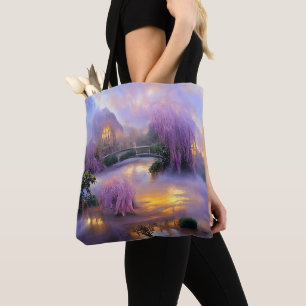 Bolsa Tote Árvores cor-de-rosa ao pôr do sol pelo lago