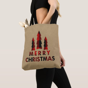 Bolsa Tote Árvores de Natal Alegres Rústicas Xadrez Vermelho