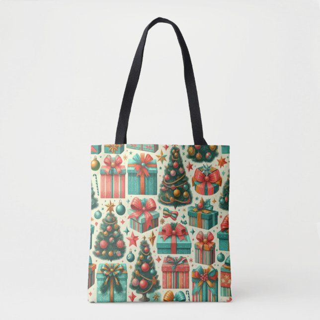 Bolsa Tote árvores de Natal e presentes padrão artístico (Frente)
