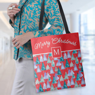 Bolsa Tote Árvores de Natal em Aquarela Monograma Festivo Ver