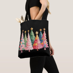 Bolsa Tote Árvores de Natal em Aquarela Natal Fofo Rosa