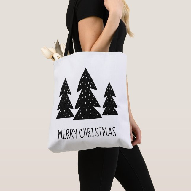Bolsa Tote Árvores de Natal Escandinavas Preto e Branco Feliz (Close Up)