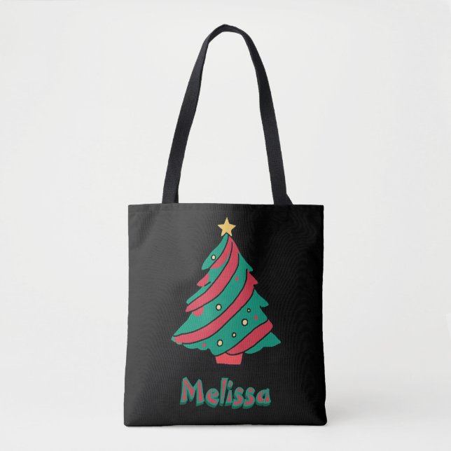 Bolsa Tote Árvores de Natal Nome Compro Preto (Frente)