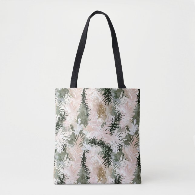 Bolsa Tote Árvores de Natal verdes, cor-de-rosa abstrato (Frente)