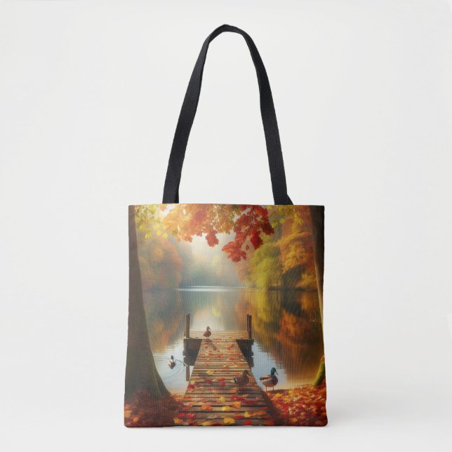 Bolsa Tote Árvores de outono e lago com patos (Frente)