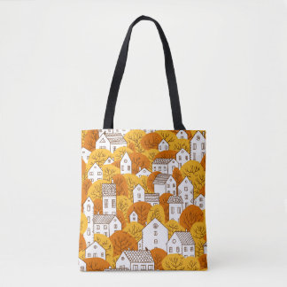 Bolsa Tote Árvores e casas com padrão uniforme. outono, outon