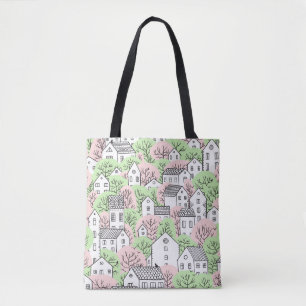 Bolsa Tote Árvores e casas com padrão uniforme. Primavera e