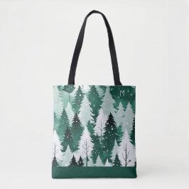 Bolsa Tote Árvores Verdes Florestas de Inverno Monograma de N