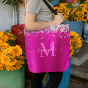 Bolsa Tote Assinatura Monograma Silver Glitter Tinta Rosa Que