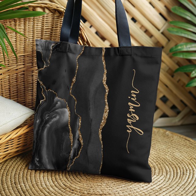 Bolsa Tote Assinatura Personalizada Agate Dourado Preto (Criador carregado)
