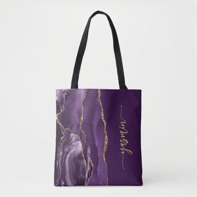 Bolsa Tote Assinatura Personalizada Agate Dourado Roxo (Frente)