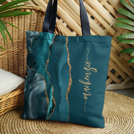 Bolsa Tote Assinatura Personalizada: Teal Blue Agate