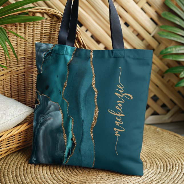 Bolsa Tote Assinatura Personalizada: Teal Blue Agate (Criador carregado)