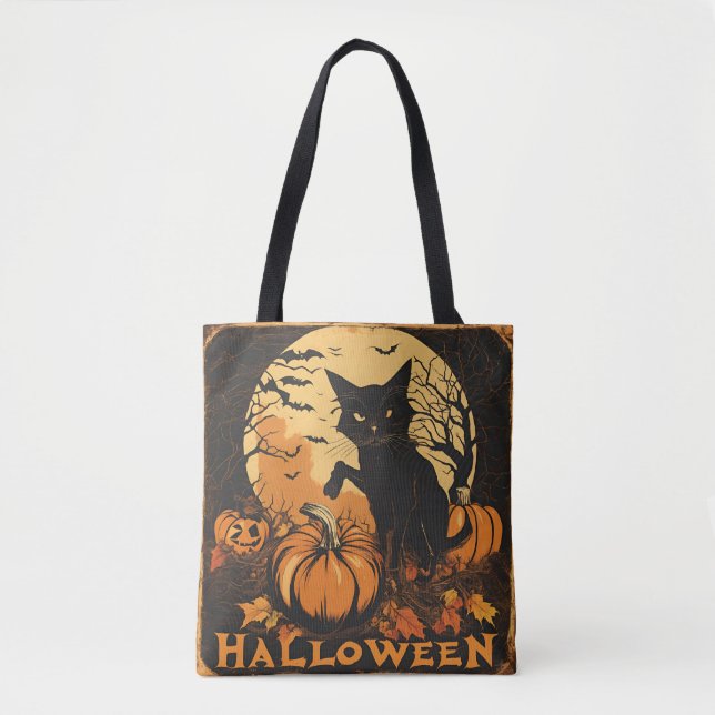 Bolsa Tote Assombrando Gato Negro em Pumpkin com Lua e Morceg (Frente)
