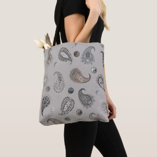 Bolsa Tote Astro Paisley & Yin Yang Pontos Cinza Azul Bege