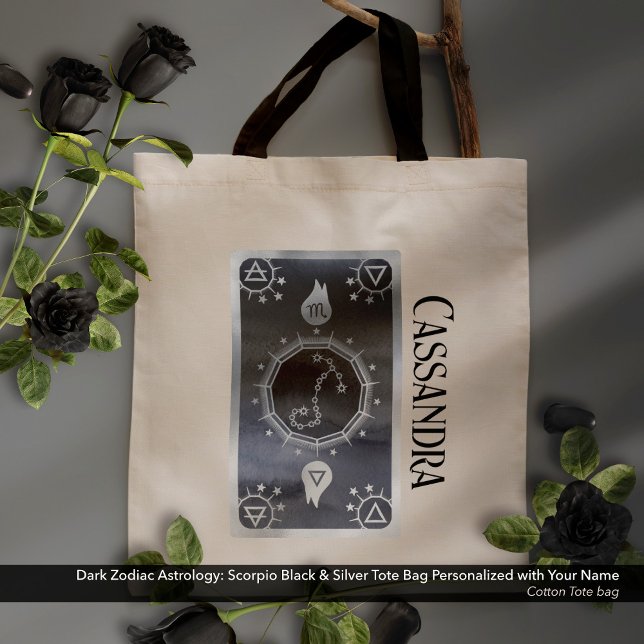 Bolsa Tote Astrologia Zodiaca Escorpião: Nome Prateado Preto  (Dark Zodiac Astrology: Scorpio Black Silver Name Tote Bag)
