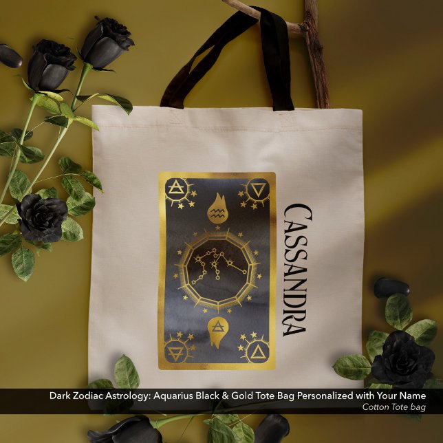 Bolsa Tote Astrologia Zodíaca Escura: Nome Dourado de Aquário (Dark Zodiac Astrology: Aquarius Black Gold Name Tote Bag)
