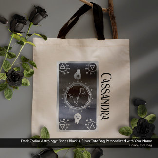 Bolsa Tote Astrologia Zodiaca Escura: Peixes Nome Prata Preto