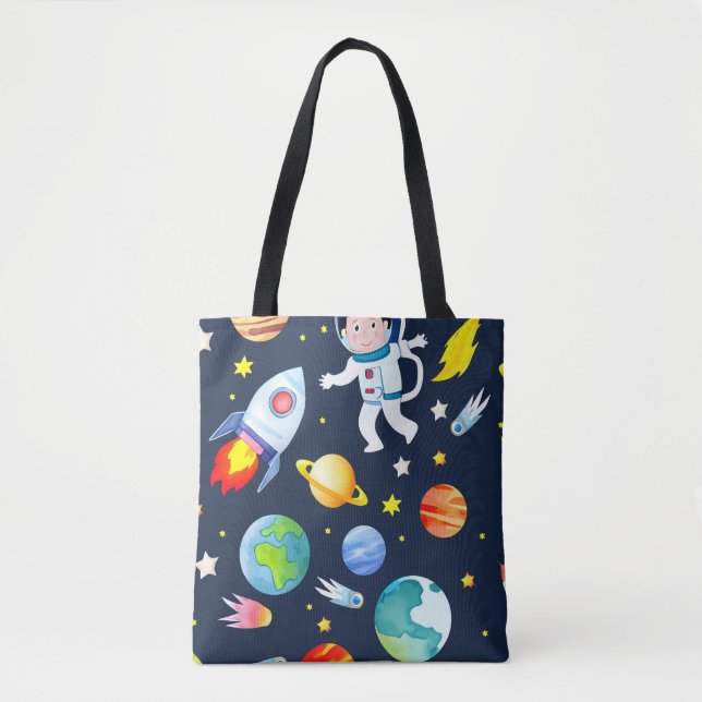 Bolsa Tote Astronaut in Space Planets and Rockets Pattern (Frente)