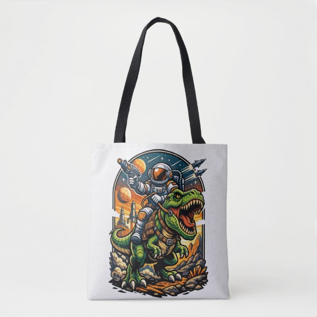 Bolsa Tote Astronaut Riding a T-Rex – Epic Space Dinosaur (Frente)