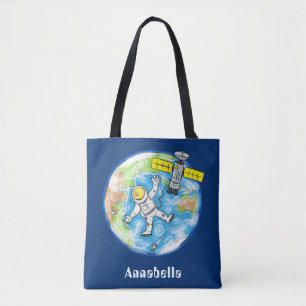 Bolsa Tote Astronauta engraçado no espaço e na banda desenhad