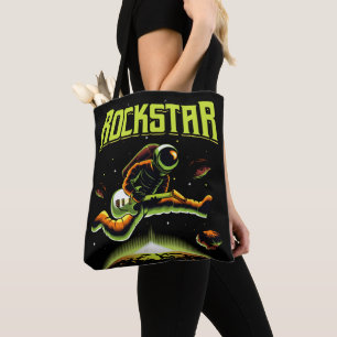 Bolsa Tote Astronauta Rockstar tocando violão no espaço