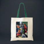 Bolsa Tote Astronautas Vintage Science Fiction consertando um<br><div class="desc">Ilustração vintage: aliens futuristas de ficção científica e imagem de robôs apresentando um homem trabalhando em seu robô metálico. Um astronauta é um piloto que controla os controles do seu foguete. Retro clássico com estilo cômico de 50 s design de ficção científica.</div>