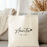 Bolsa Tote Auntie No último ano escrito manuscrito coração<br><div class="desc">Saco com o texto "tia" em uma letra de script de estilo manuscrito com um pouco de coração no final e no ano abaixo.</div>
