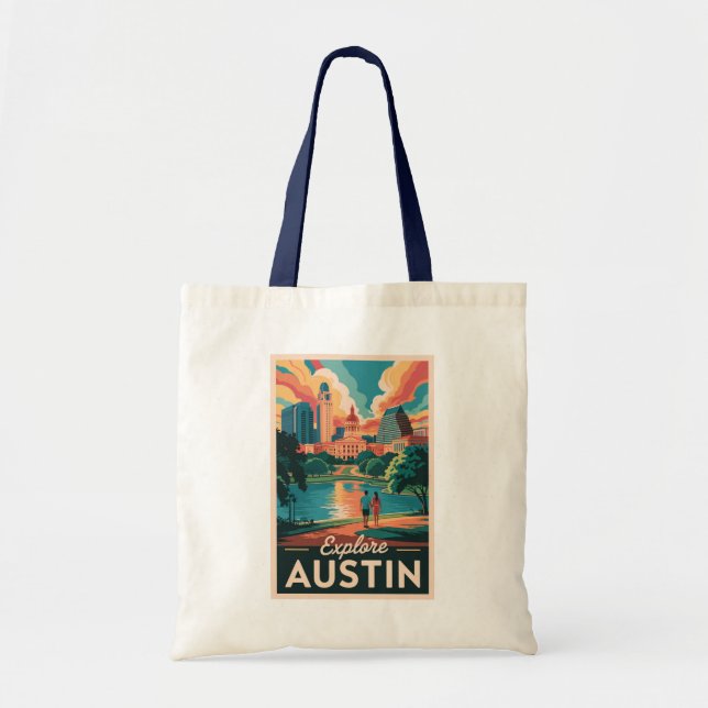 Bolsa Tote Austin Texas Skyline Viagem Art Vintage (Frente)