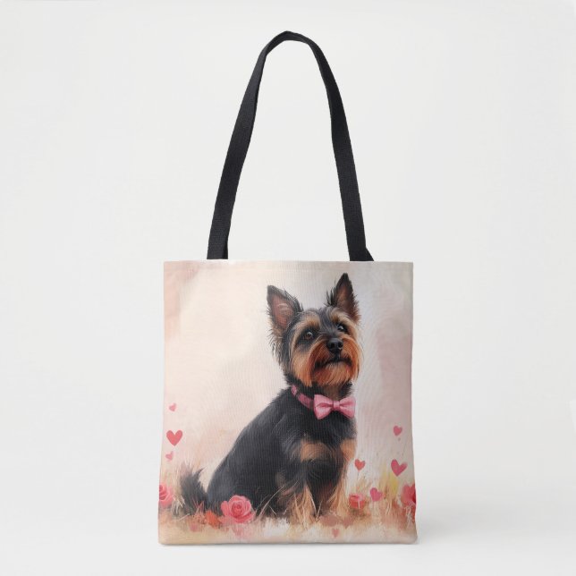 Bolsa Tote Australiano Terrier com Rosas - Dia de os namorado (Frente)