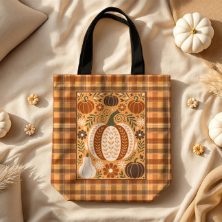 Bolsa Tote Autumn Gourds Folk Art na Xadrez Marrom