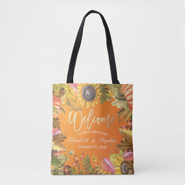 Bolsa Tote Autumn Maple Deixa Pumpkins Wood Wedding Bem-vindo (Frente)