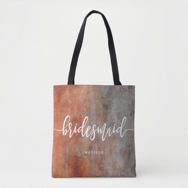 Bolsa Tote Autumn Orange Cinza Watercolor Bridesmaid Monogram (Frente)