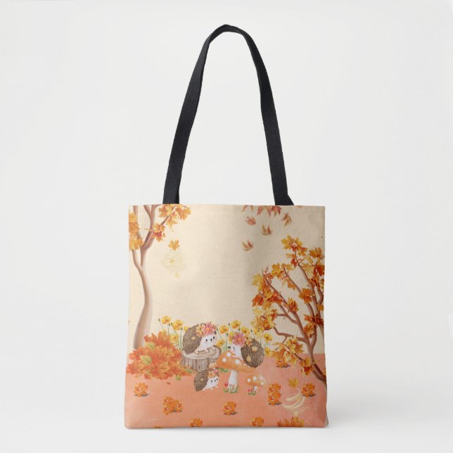 Bolsa Tote Autumn Whimsy: Hedgehogs em uma Floresta Cozy (Frente)