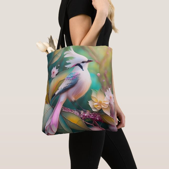 Bolsa Tote Ave de Fantasia Jay com Crista Branca e Cauda Rosa (Close Up)