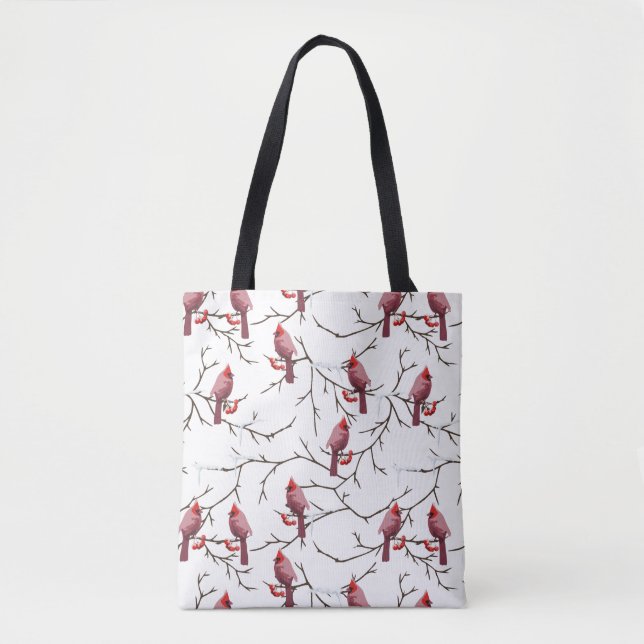 Bolsa Tote Aves Cardinais, Cerejas de inverno e Padrão de Nev (Frente)