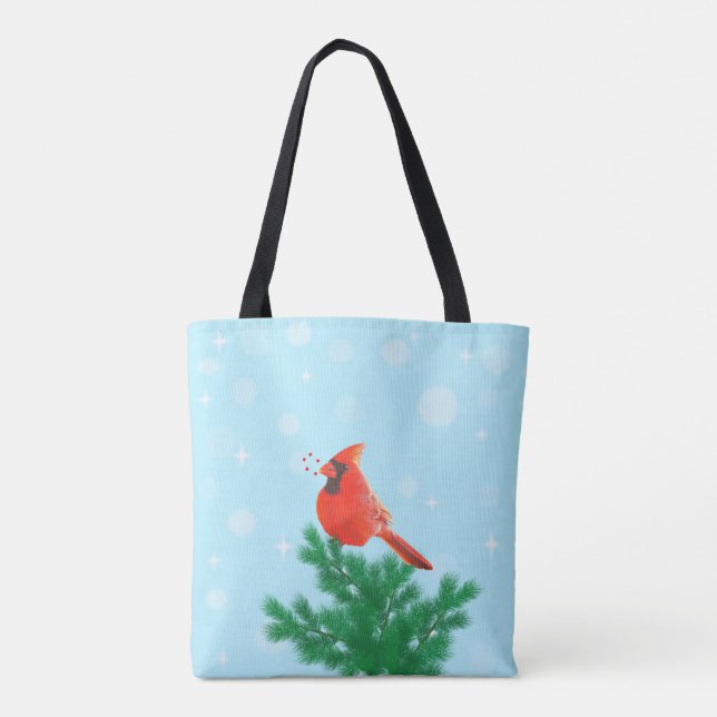 Bolsa Tote Aves cardinhas e bagas selvagens em azul claro (Verso)