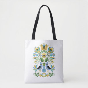 Bolsa Tote Aves de Arte Familiares Húngaras em Azul e Dourado