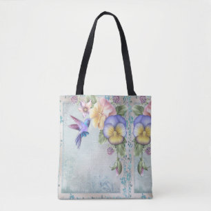 Bolsa Tote Aves de caça e flores roxas