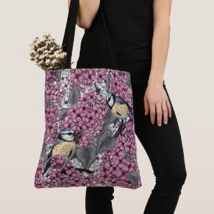 Bolsa Tote Aves em jardim lilás cor-de-rosa