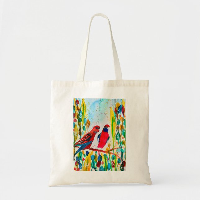 Bolsa Tote Aves rosella na arte aquática das árvores (Frente)