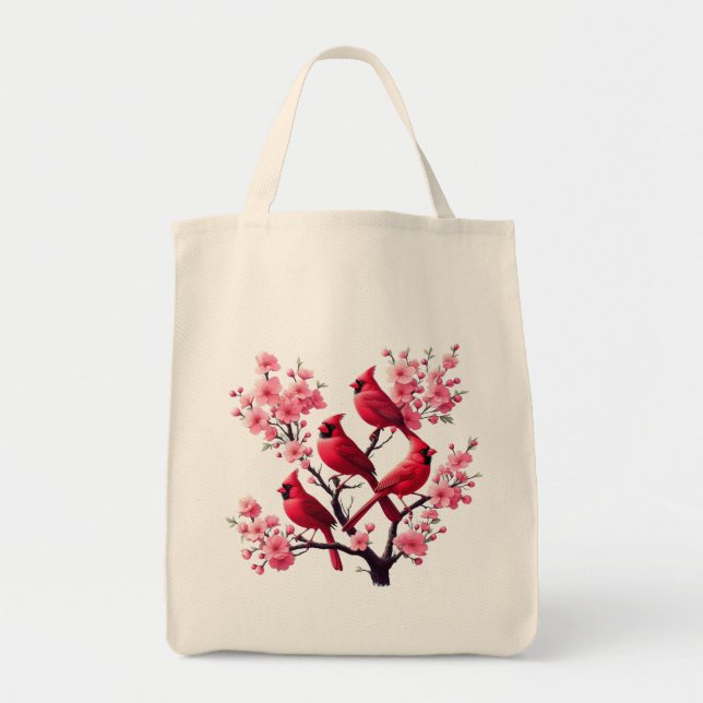 Bolsa Tote Aves Vermelhas Cardinas, Pássaros de Árvores Rosa- (Frente)