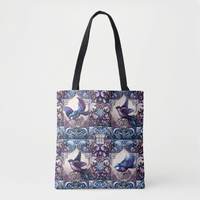 Bolsa Tote Aviário Vitoriano: Um Jardim Azulejo Roxo (Frente)
