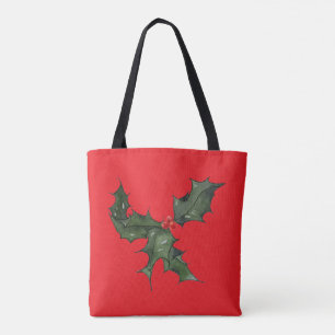 Bolsa Tote Azevinho Simples em Vermelho e Verde em Aquarela N