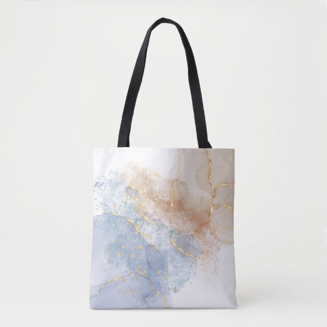 Bolsa Tote Azul abstrato, Taupe e Dourado (Frente)