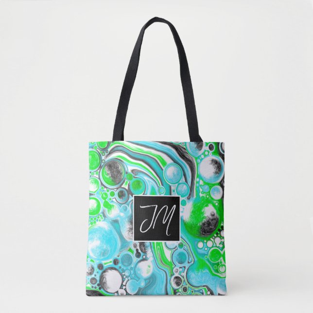 Bolsa Tote Azul Aqua e bolhas de Verde limão Arte Fluida Marb (Frente)